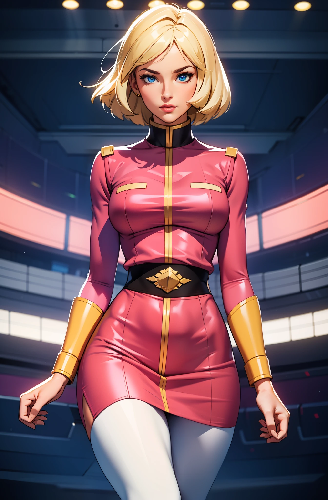 ((masterpiece)), ((cinematic lighting)), realistic photo、Real Images、Top image quality、1girl in, sayla mass, Elegant, masterpiece, Convoluted, slim arms, wide hips, thick thighs, thigh gaps, Best Quality, absurderes, high face detail, Perfect eyes, mature, Cowboy Shot, , Vibrant colors, soft pink uniform, soft pink Skirt, white tights