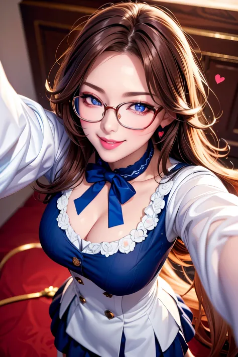 selfie from above, best quality, super fine, 16k, incredibly absurdres, extremely detailed, intelligent beauty, glasses, cute wi...