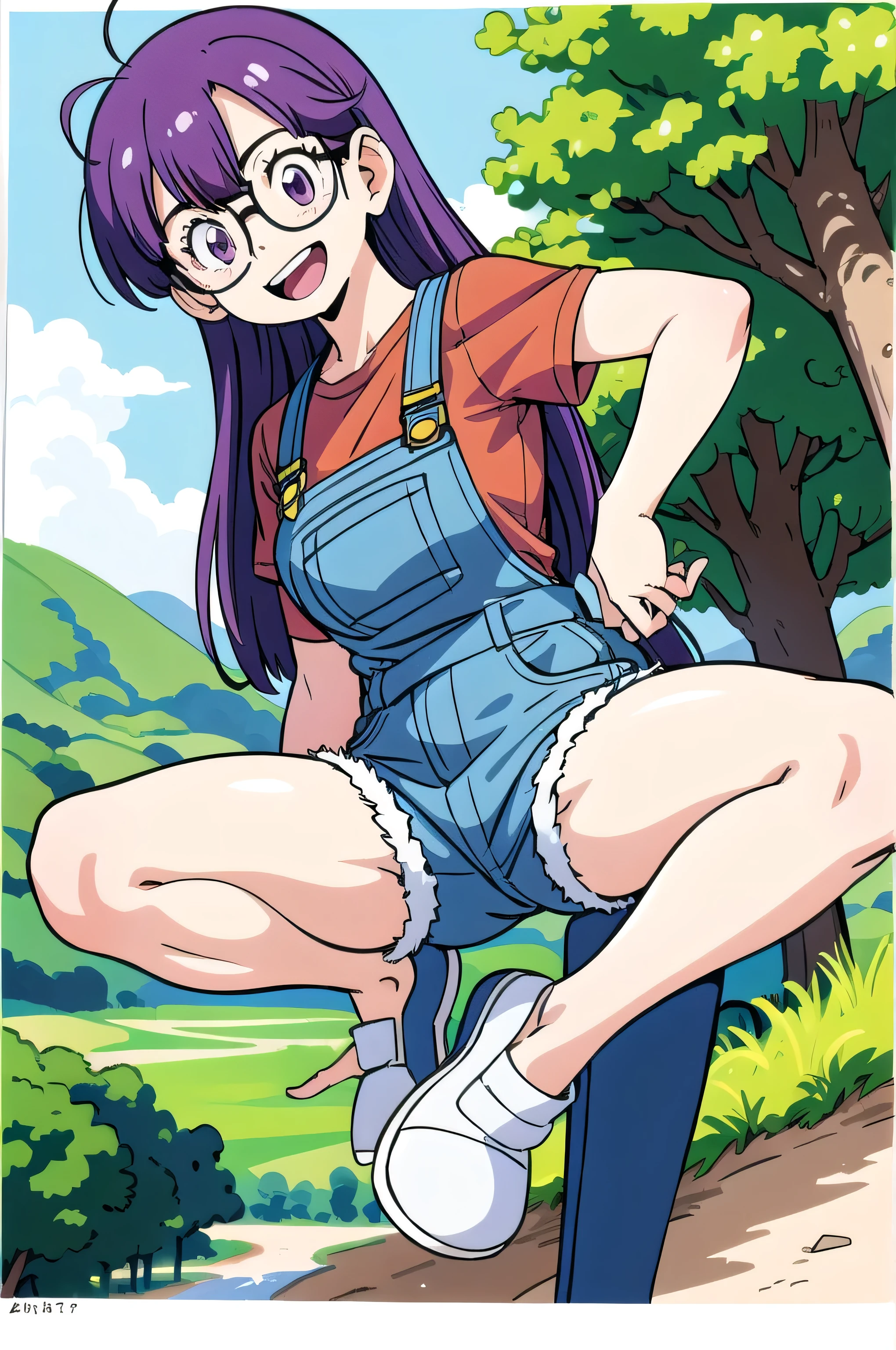 (masterpiece, highest quality, Anime image quality, High resolution, Anime Style, Clean brush strokes, Very detailed, Perfect Anatomy),One girl, alone, Arale, Glasses, Blue Order, Long Hair,Purple Hair, Short sleeve, Wing Cap, Red Shirt, (Overalls Jeans、blue), Low Body、Chunky、(Have a tree branch、Poop sting)、 smile,Cheerful pose, refer to４Bookの中に親refer to１Book, (Gravel road、Village Background)、