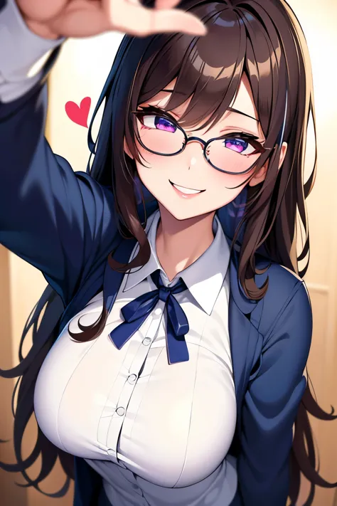 selfie from above, best quality, super fine, 16k, incredibly absurdres, extremely detailed, intelligent beauty, glasses, cute wi...