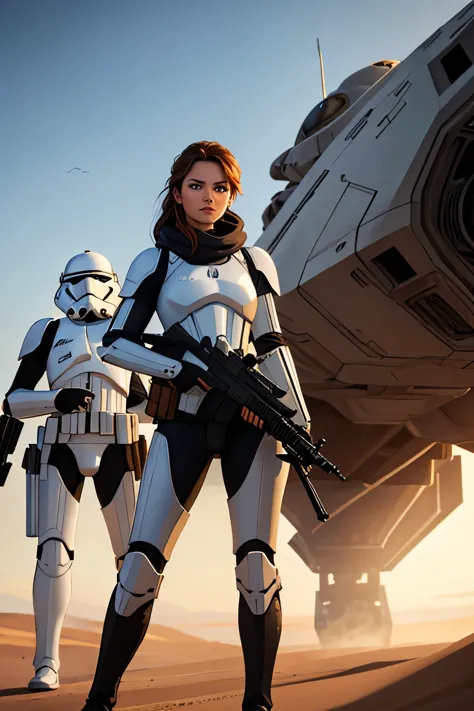 there is a woman holding a gun in front of a spaceship, hyperrealistic fantasy art, doom eternal, female stormtrooper, heaven pl...