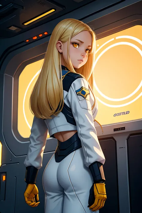 (young girl, 12 years old, blond hair, photorealistic, pale skin), (yellow (eyes:1.2)), (slim build:1.3), (fantasy space suit), ...