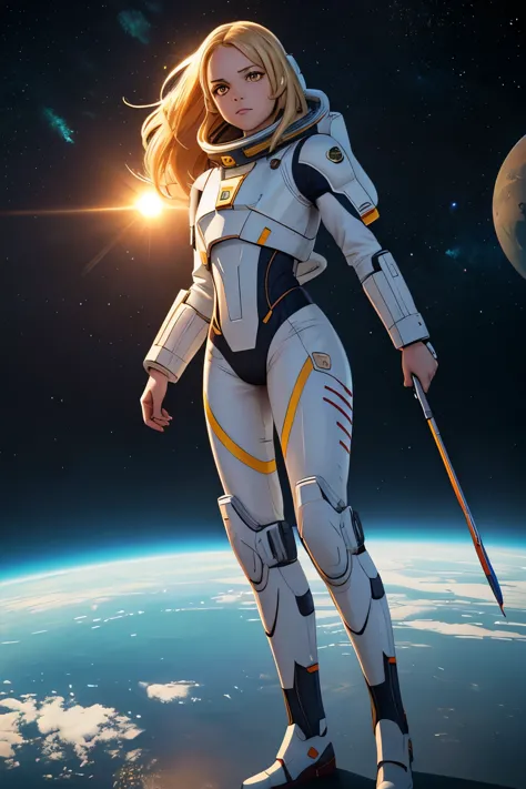 (young girl, 12 years old, blond hair, photorealistic, pale skin), (yellow (eyes:1.2)), (slim build:1.3), (fantasy space suit), ...