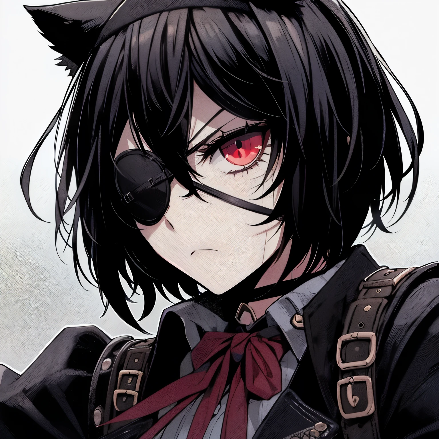 Personagem de anime com olhos vermelhos e cabelo preto usando uma gravata  vermelha - SeaArt AI