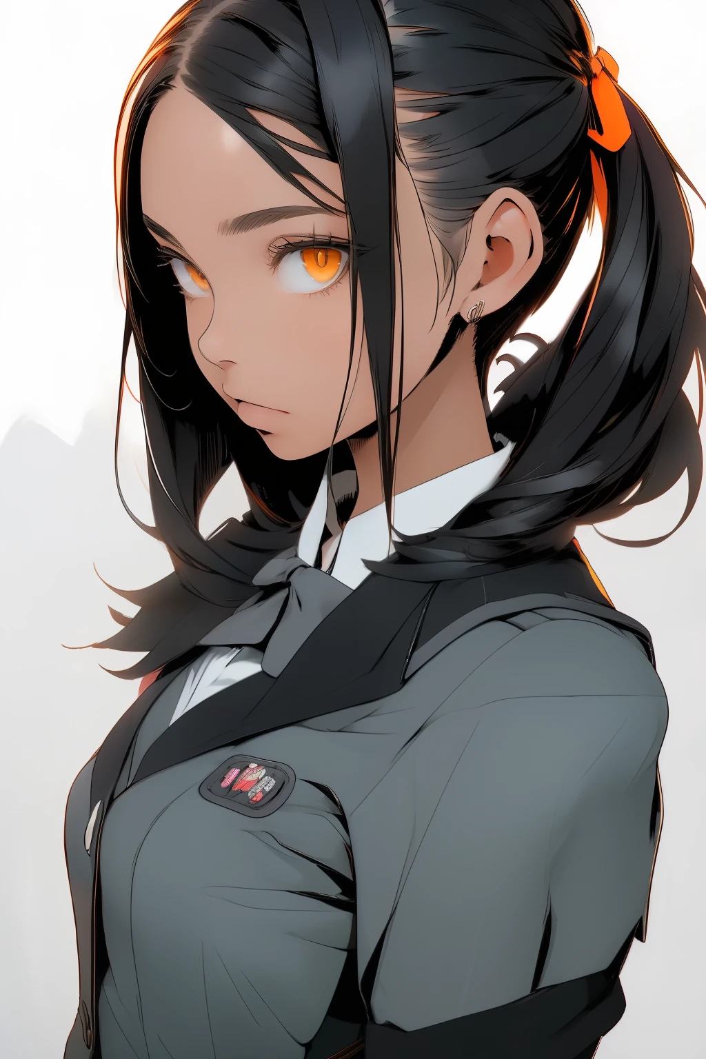 office uniform, office, twintail, black long hair, orange eyes, black formal jacket, 
(best quality, masterpiece, RAW photo,ultra-detailed:1.2), 1girl,solo,