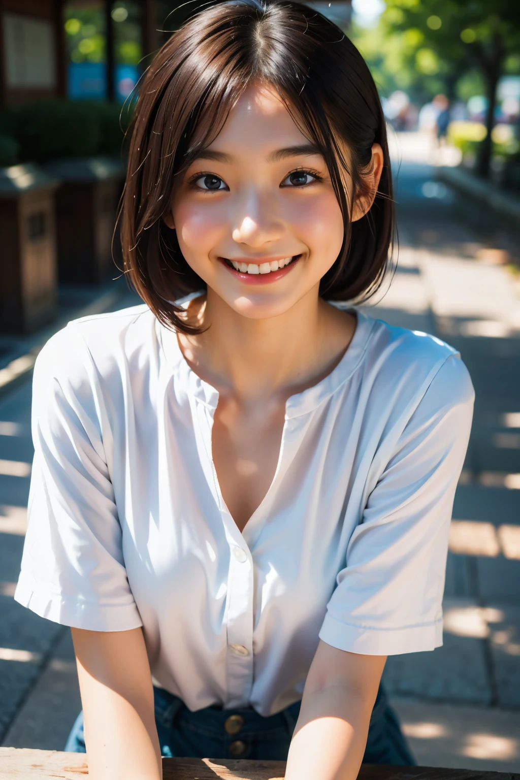 lente: 135 mm f1.8, (de la máxima calidad),(Fotos CRUDAS), (Mesa:1.1), (Hermosa chica japonesa de 20 años.), Cara linda, (Cara profundamente cincelada:0.7), (pecas:0.4), dappled luz de sol, iluminación dramática, (en el campus), tímido, (fotografía de cerca:1.2), (sonrisa),, (ojos chispeantes)、(luz de sol), ropa blanca