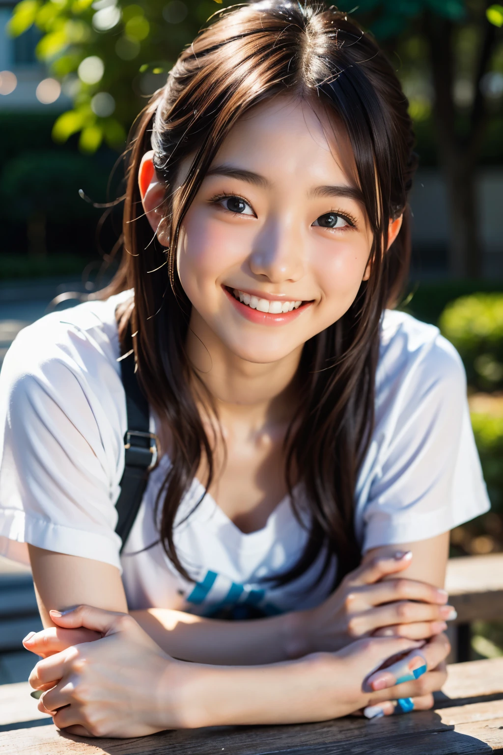 lente: 135 mm f1.8, (de la máxima calidad),(Fotos CRUDAS), (Mesa:1.1), (Hermosa chica japonesa de 20 años.), Cara linda, (Cara profundamente cincelada:0.7), (pecas:0.4), dappled luz de sol, iluminación dramática, (en el campus), tímido, (fotografía de cerca:1.2), (sonrisa),, (ojos chispeantes)、(luz de sol), ropa blanca