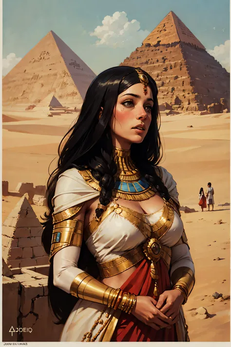 a woman in a costume standing in front of a pyramid