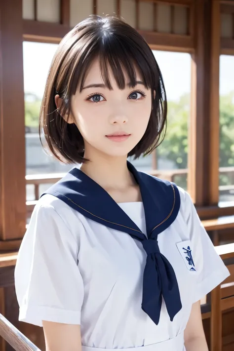 Beautiful girl, (highest quality:1.4), (Very detailed), (Very detailed美しい顔), Facing forward, japanese sailor suit, Great face and eyes, iris,Medium Hair, Black Hair, (Sailor suit, school uniform:1.2), Short sleeve,Smooth, very detailed CG synthesis 8k wall...