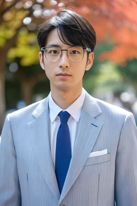 (one wears silver-white titanium alloy thin-rimmed glasses、wearing a full light blue striped suit、white shirt、tie、about 25 years...