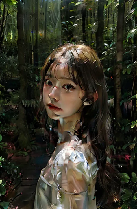 facial realistic style，weird photos，Translucent Woman、A girl around 15 years old、 look、Leaning against a tree