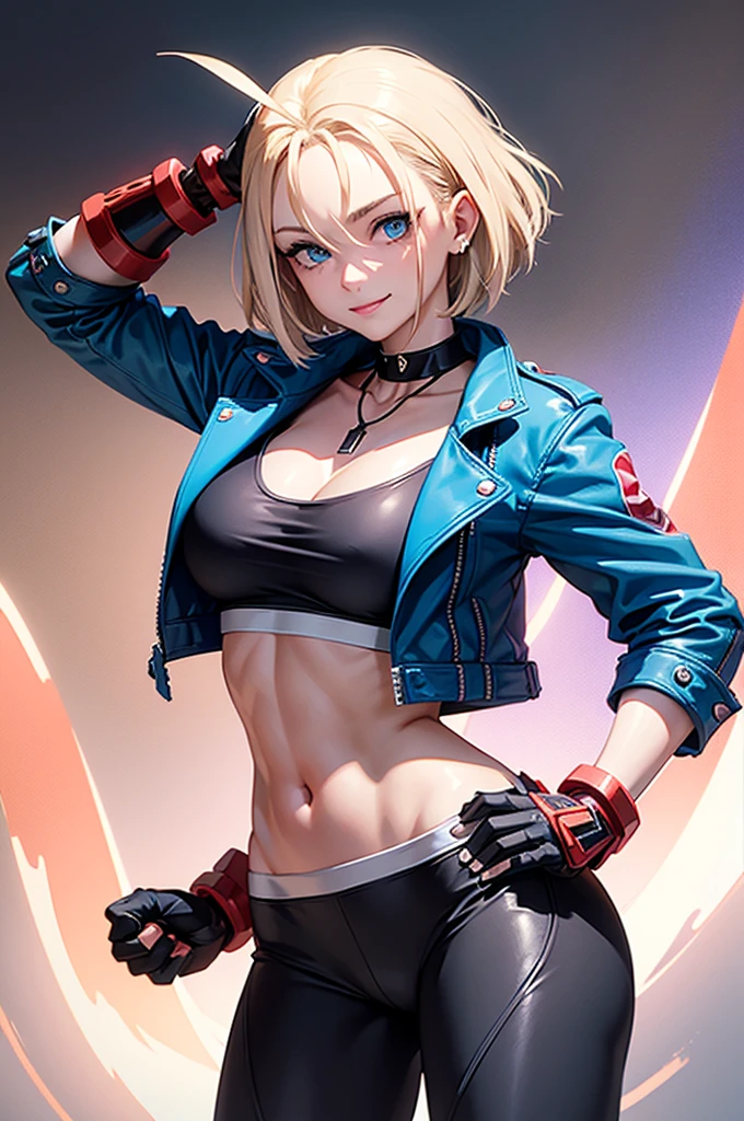 (masterpiece), best quality, expressive eyes, Perfect face, high resolution, 1 Girl, Solitary,Cami White, short hair, Antenna hair, blue eyes, Scar on cheek, Large Breasts, Black necklace, clavicle, Blue Jacket, Cropped Jacket, Open jacket, good exercise, diaphragm, Fingerless gloves, Black gloves, Black pants, Hands on Hips, Smile, excellent, Magic Background, permanent, Cowboy shooting, Looking at the audience,