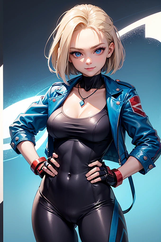 (masterpiece), best quality, expressive eyes, Perfect face, high resolution, 1 Girl, Solitary,Cami White, short hair, Antenna hair, blue eyes, Scar on cheek, Large Breasts, Black necklace, clavicle, Blue Jacket, Cropped Jacket, Open jacket, good exercise, diaphragm, Fingerless gloves, Black gloves, Black pants, Hands on Hips, Smile, excellent, Magic Background, permanent, Cowboy shooting, Looking at the audience,