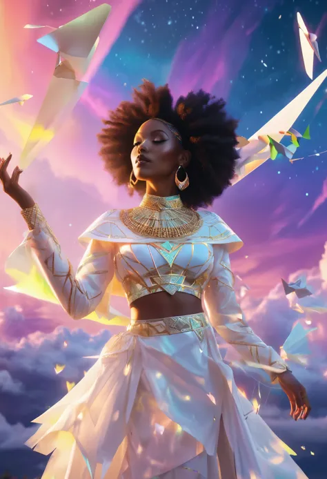 A black woman floating in the sky, surrounded by a beautiful aurora borealis in the sky, she's dressed in white African designed...