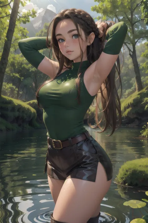 elf girl, master piece, mountains, forest, chilling in lake, thigh deep in water, walking to viewer, leather straps, one piece g...