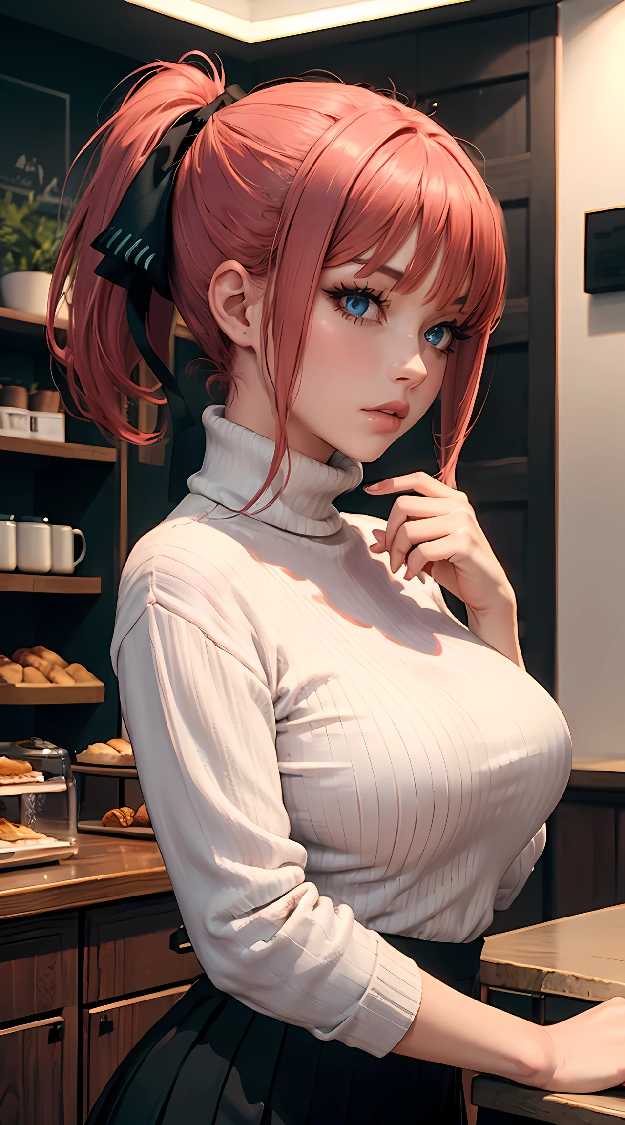 Beautiful red and pink hair woman is shown to have a sexy figure, she is wearing a nsfw turtleneck sweater and cute skirt, high socks,, choker, sexy look, ponytail, hair bows, blue eyes, girl in a coffee shop ,sexy session, sexy pose, cowboy shot, superior quality, many details, realistic