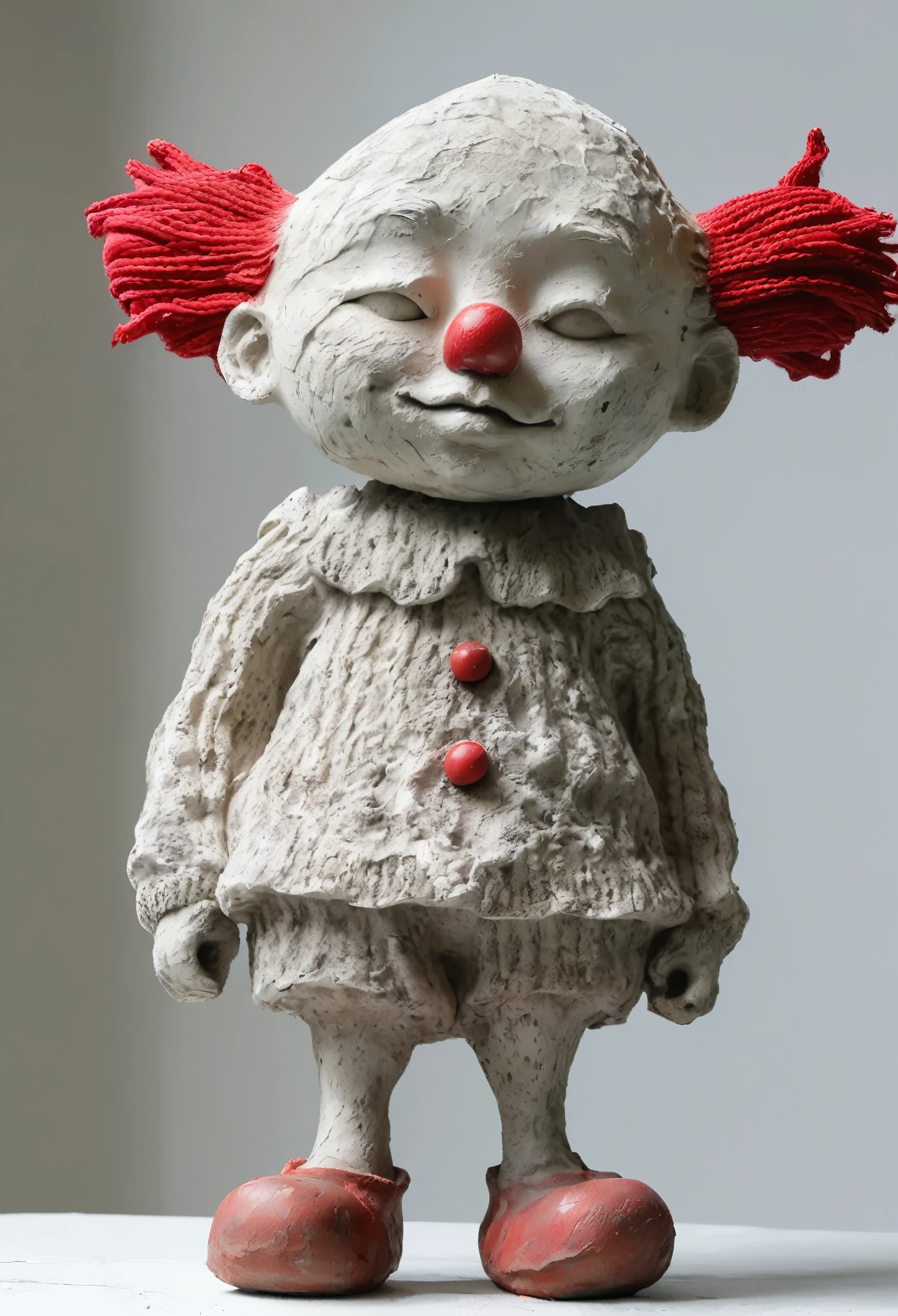 (best quality:1.2),ultra-light Clay, Clay, Pottery, Rough knitted texture, distressed, dirty, mineral pigments, 3D Clay sculpture art, Clay sculpture, Rough surface, (Art work，clown，Red nose，solitary figure，whole body，Barefoot，cover up,Solitary,)