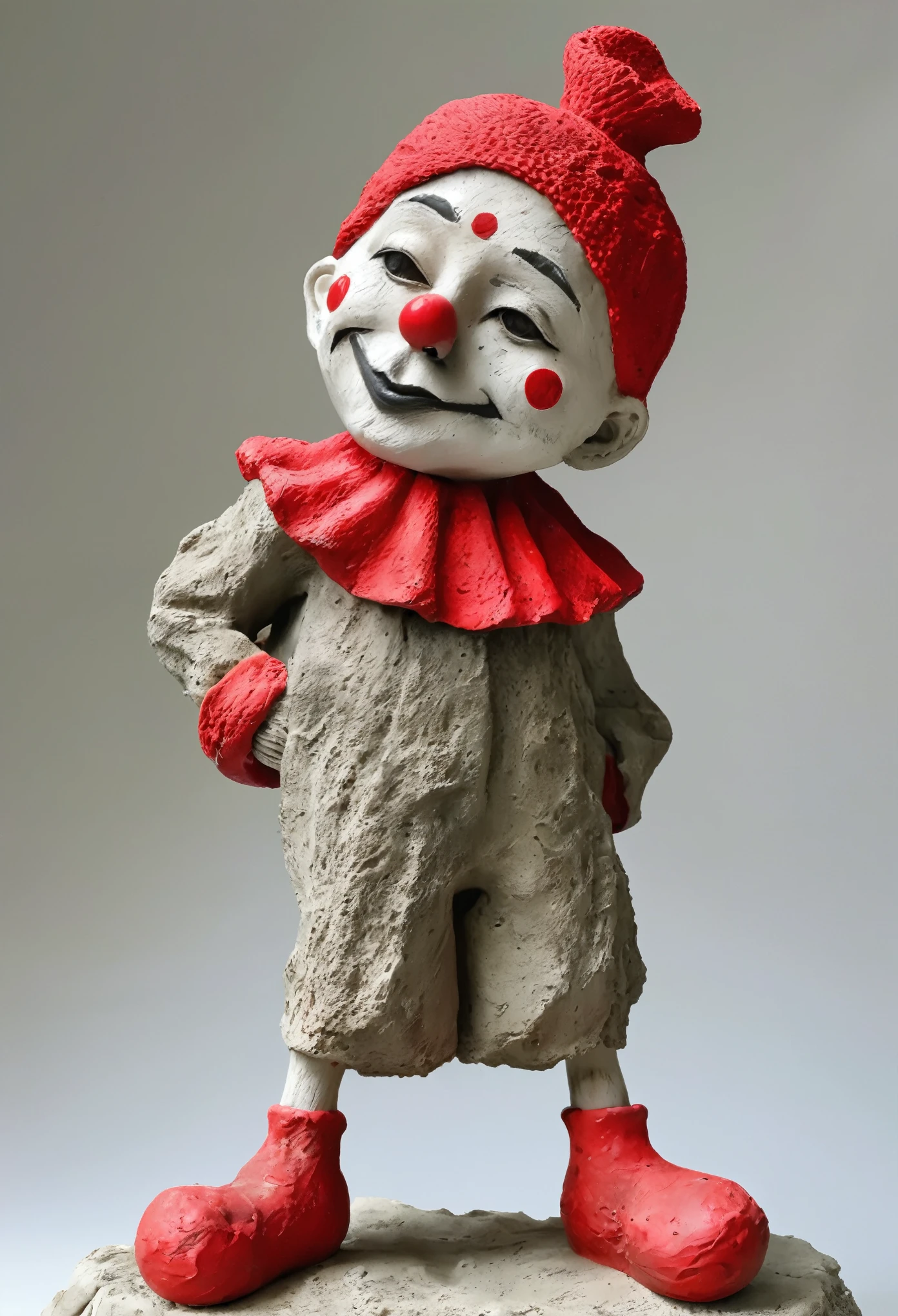 (best quality:1.2),ultra-light Clay, Clay, Pottery, Rough knitted texture, distressed, dirty, mineral pigments, 3D Clay sculpture art, Clay sculpture, Rough surface, (Art work，clown，Red nose，solitary figure，whole body，Barefoot，cover up,Solitary,)