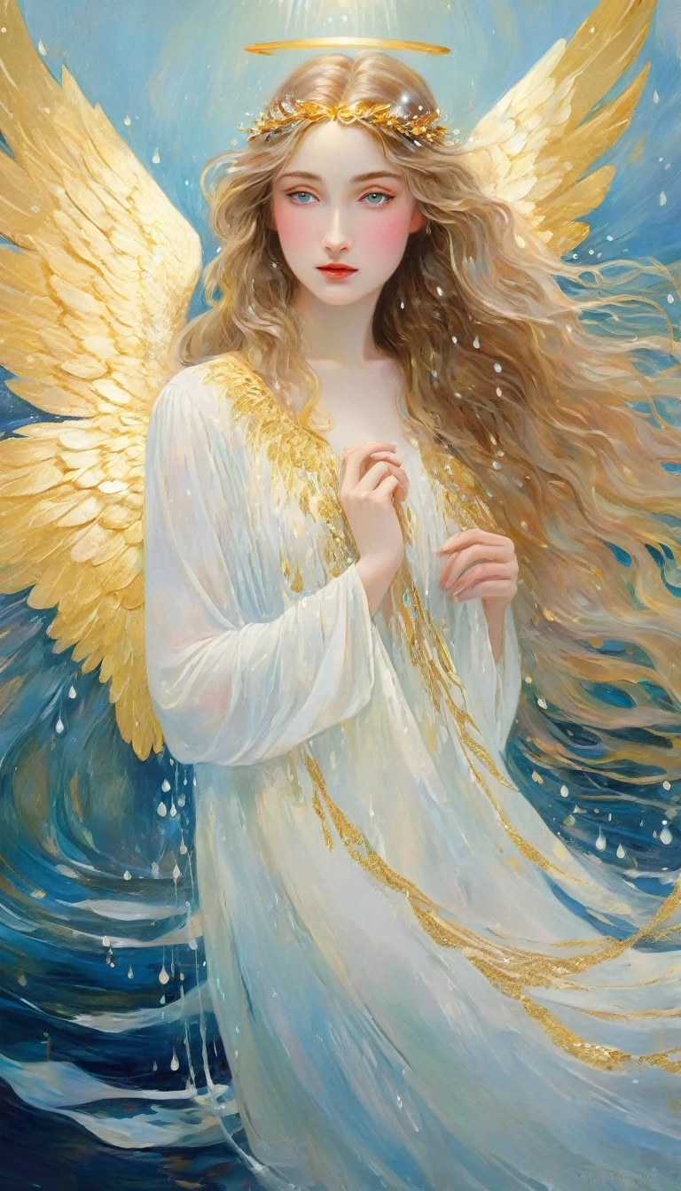 "(best quality,ultra-detailed),water element angel from lake,beautiful detailed eyes,beautiful detailed lips,flowing white dress,ethereal beauty,long flowy hair,golden halo,sparkling water drops,floating wings,soft ethereal light,impressionist painting style,vibrant colors,pastel color palette"