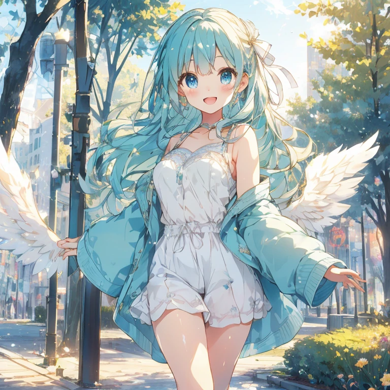 Sparkling cute atmosphere inspired by early summer. Her big sparkling blue eyes and fluffy expression are impressive in this moe anime style super beautiful girl angel. Charming smile with open mouth. Full body. It is set up in a fine delicate cute casual coordinate. It is (((early summer casual coordination))). Delicate, translucent white wings accentuate the fantastic atmosphere. Her long hair is voluminous and wavy. A ribbon matching her outfit adorns her hair, and her body is cute and whimsical. The background is a dreamy world of dancing dust with a faint glow. The sky is fresh and clear, and she takes a delightful stroll through Harbor Park. The shimmering, soft blue-green color complements her fantastic and gentle atmosphere. (( Delicate depiction, highest image quality, highest quality ))