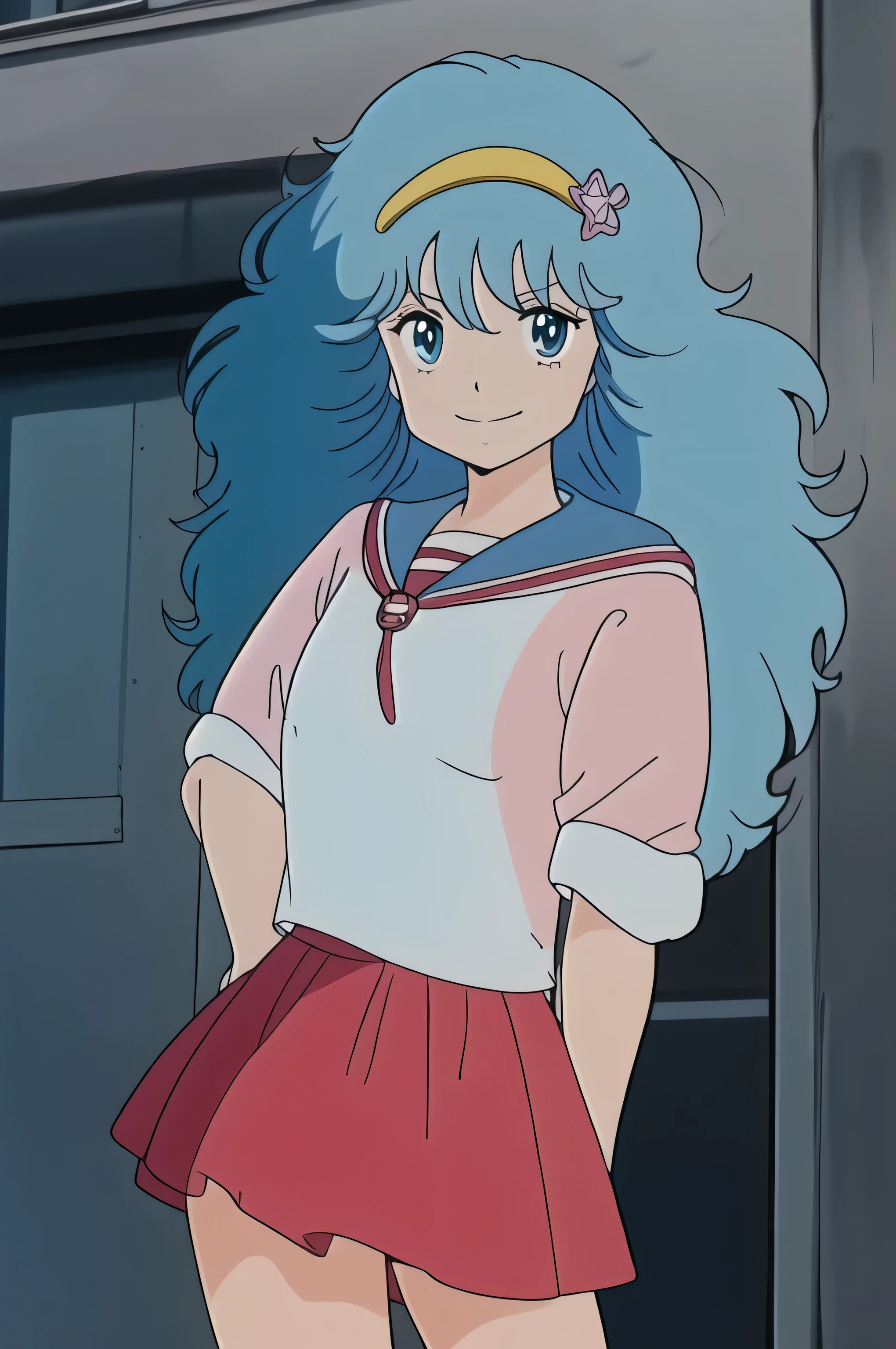(Masterpiece, Top Quality, Highly Detailed, 16K Anime High Resolution, Anime Style, Clean Brush Strokes, Highly Detailed, Anatomically Perfect Body), ((Hayami)), Solo, Perfect Face, Innocent Beautiful smile, beautifully detailed eyes, slightly droopy, blue eyes, (blue hair, long hair, waves), (medium chest: 1.1), (sailor suit, pink), (red skirt), wide hips: 1.2, big butt : 1.2, Beautiful legs, (standing, front), facing the viewer, (urban background), photo taken above the knees, taken from a low angle,