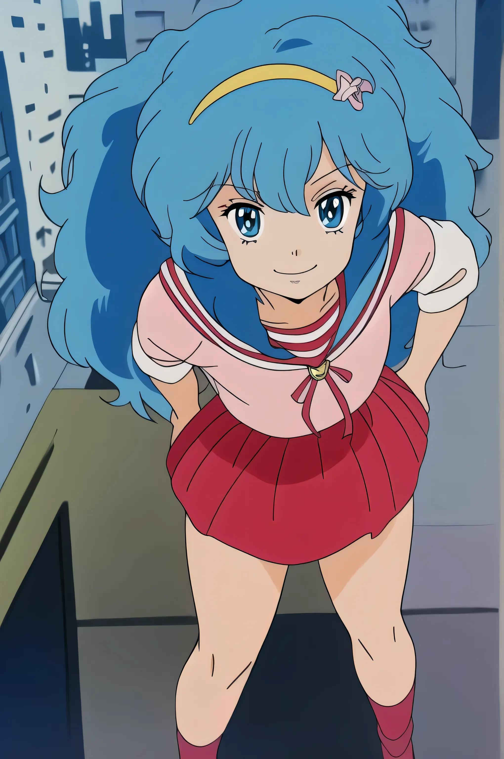 (Masterpiece, Top Quality, Highly Detailed, 16K Anime High Resolution, Anime Style, Clean Brush Strokes, Highly Detailed, Anatomically Perfect Body), ((Hayami)), Solo, Perfect Face, Innocent Beautiful smile, beautifully detailed eyes, slightly droopy, blue eyes, (blue hair, long hair, waves), (medium chest: 1.1), (sailor suit, pink), (red skirt), wide hips: 1.2, big butt : 1.2, Beautiful legs, (standing, front), facing the viewer, (urban background), photo taken above the knees, taken from a low angle,