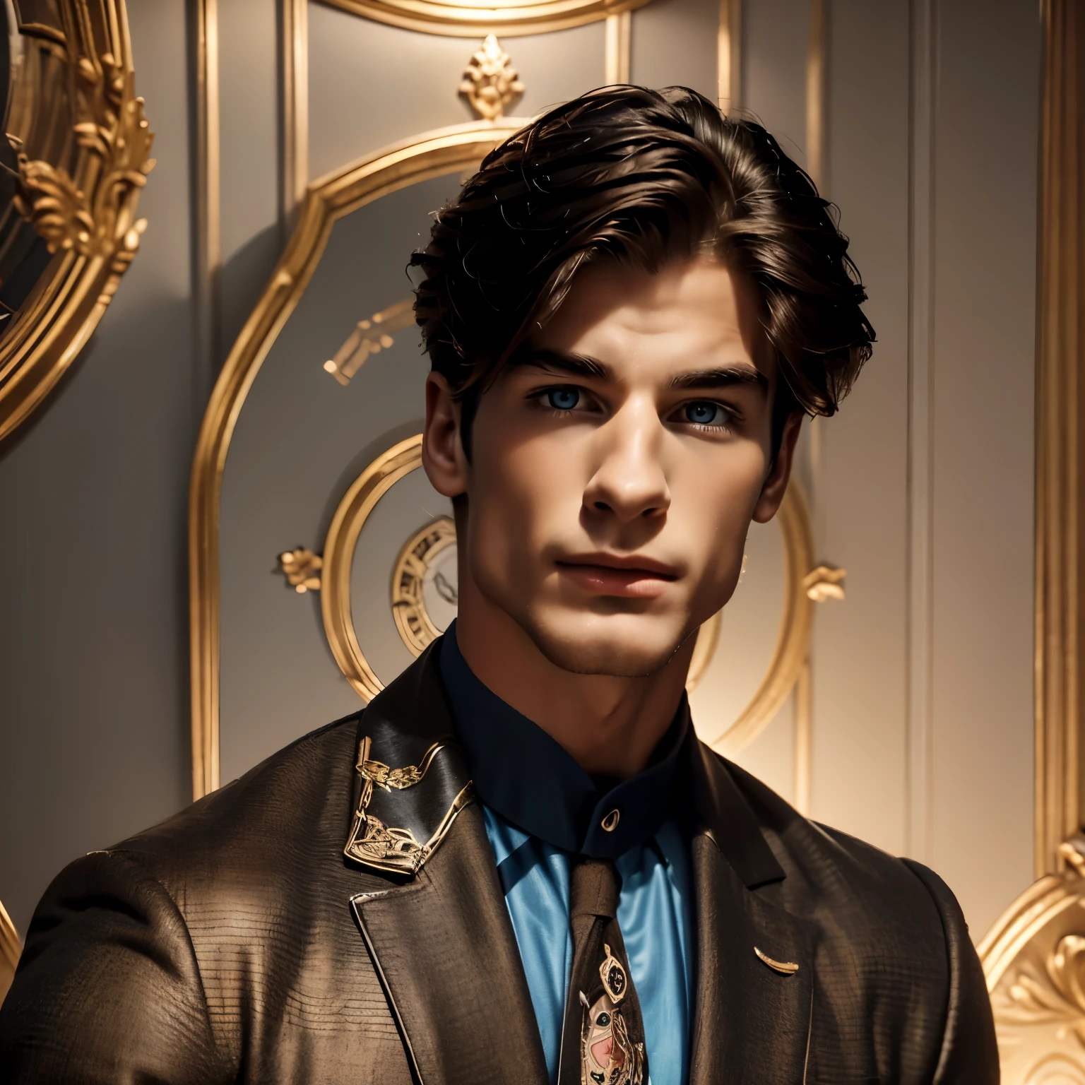 illustration of a serious young man with attractive masculine features, defined jaw, aristocratic nose, blue eyes and wavy black hair, he has tattoos on his neck and wears a suit. 
