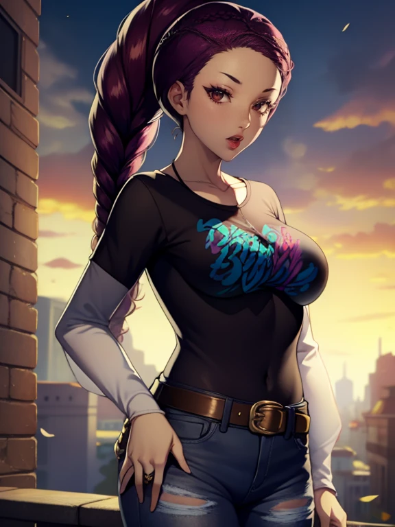 Petra, braided ponytail, brown eyes, glossy lips ,burgundy hair, 1girl, solo, standing, black t-shirt, white shirt, blue jeans, belt, lipstick, large breasts, layered sleeves