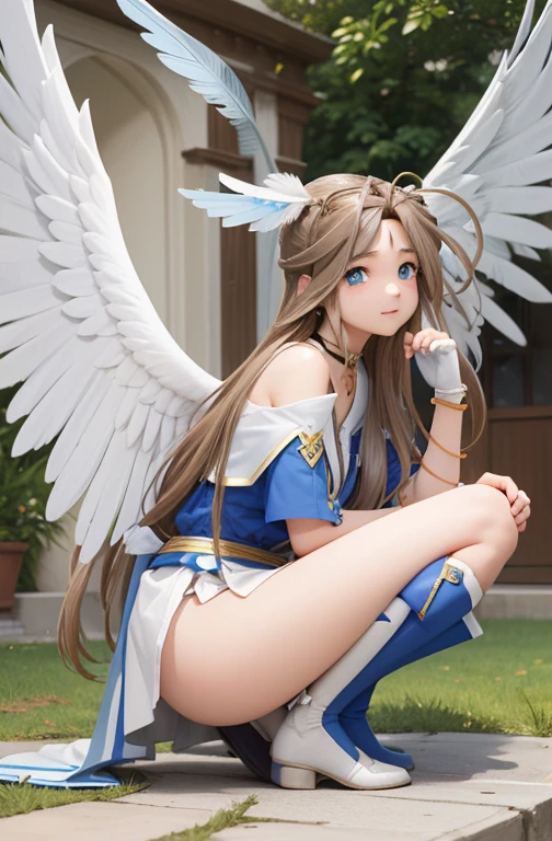 (masterpiece), highest quality, High resolution, Belldandy, Long Hair, blue eyes, Brown Hair, Facial blemishes, Forehead mark, gloves, wing, choker, bracelet, ring, feather, angel wing, Side view:0.6, (For rest:1.1),  20-year-old,Squat,Spread your legs,Leg spread,holding feet with hands,