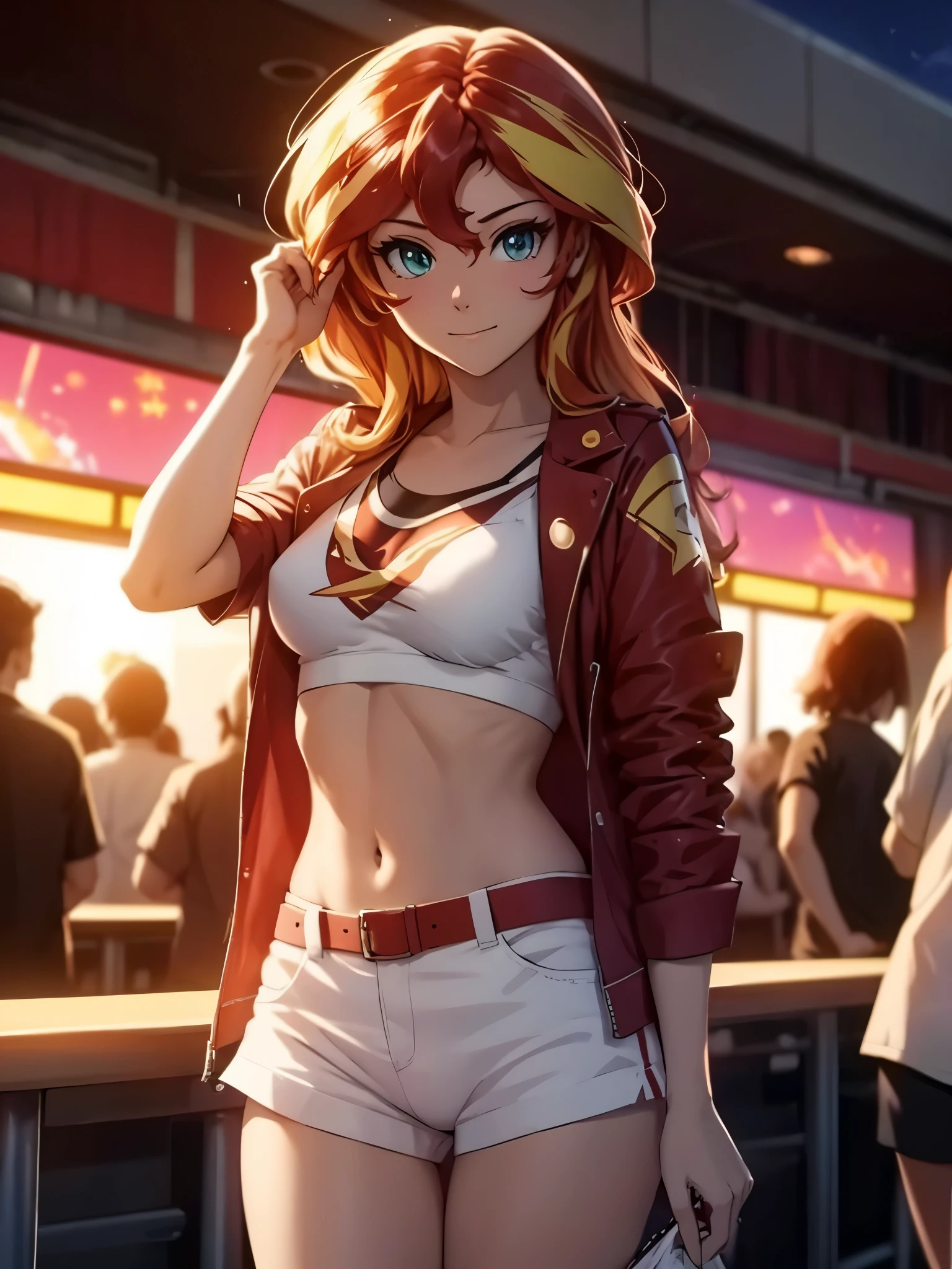 sunset shimmer, white underwear, in line at a movie theater