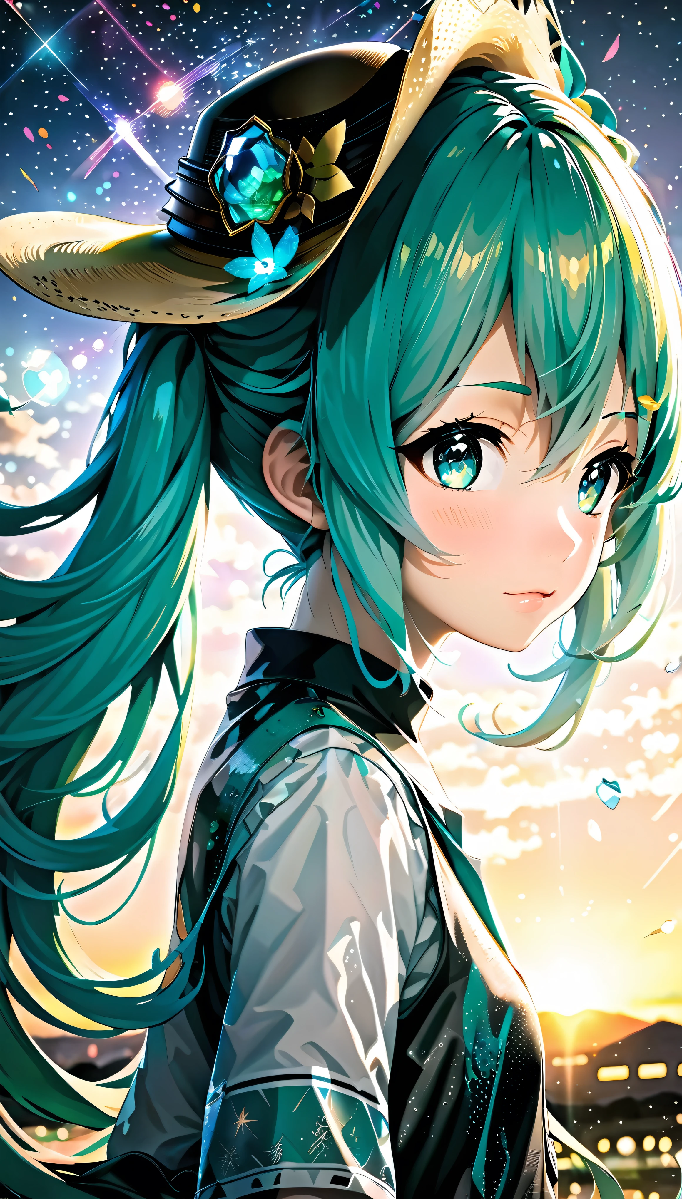 with high definition images，(1girl who drew Hatsune Miku、Ultra-detailed、A cowboy hat to accentuate big eyes、Intricately designed outfit with sequins and holographic effects、Detailed facial features with playful expressions、Artful digital art touch-up、 BREAK、Cowboy Setting、Dusty Road、Sunset in the background、Lasso in hand、High-contrast lighting creates depth and texture、Hatsune Miku&#39;s vibrant colors stand out against the earthy color scenes、 BREAK、Hatsune Miku&#39;s face close-up、Expressing determination and excitement、Freckles and pores are visible、Bring out the realism。