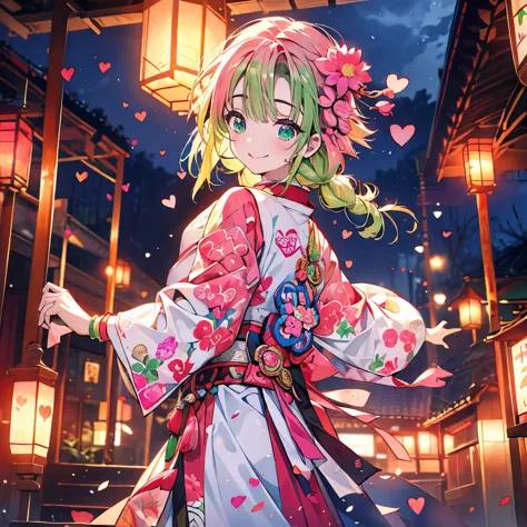 Masterpiece、Kanroji Mitsuri、pink and green hair、smile、night、hearts dance、Pink Japanese sword