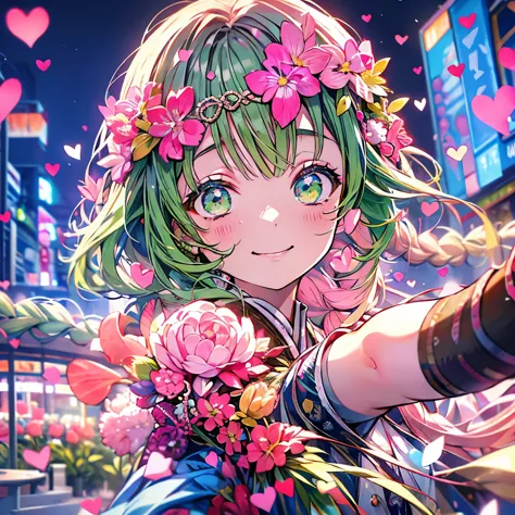 Masterpiece、Kanroji Mitsuri、pink and green hair、smile、night、hearts dance