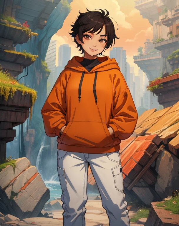 jadechan, short black hair, brown eyes, hands in pockets, upper body, smiling, JaOran, orange short sleeved hoodie, white long sleeves, hood down, sneakers , blue pants, cartoon Hong Kong, morning, 
 (insanely detailed, beautiful detailed face, masterpiece, best quality)
 