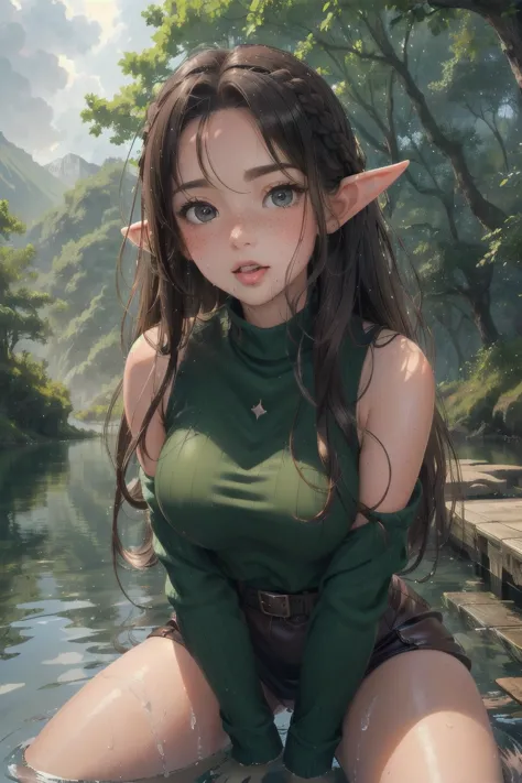 elf girl, master piece, mountains, forest, chilling in lake, kneeling in water, leather straps, one piece green sweater, blushin...