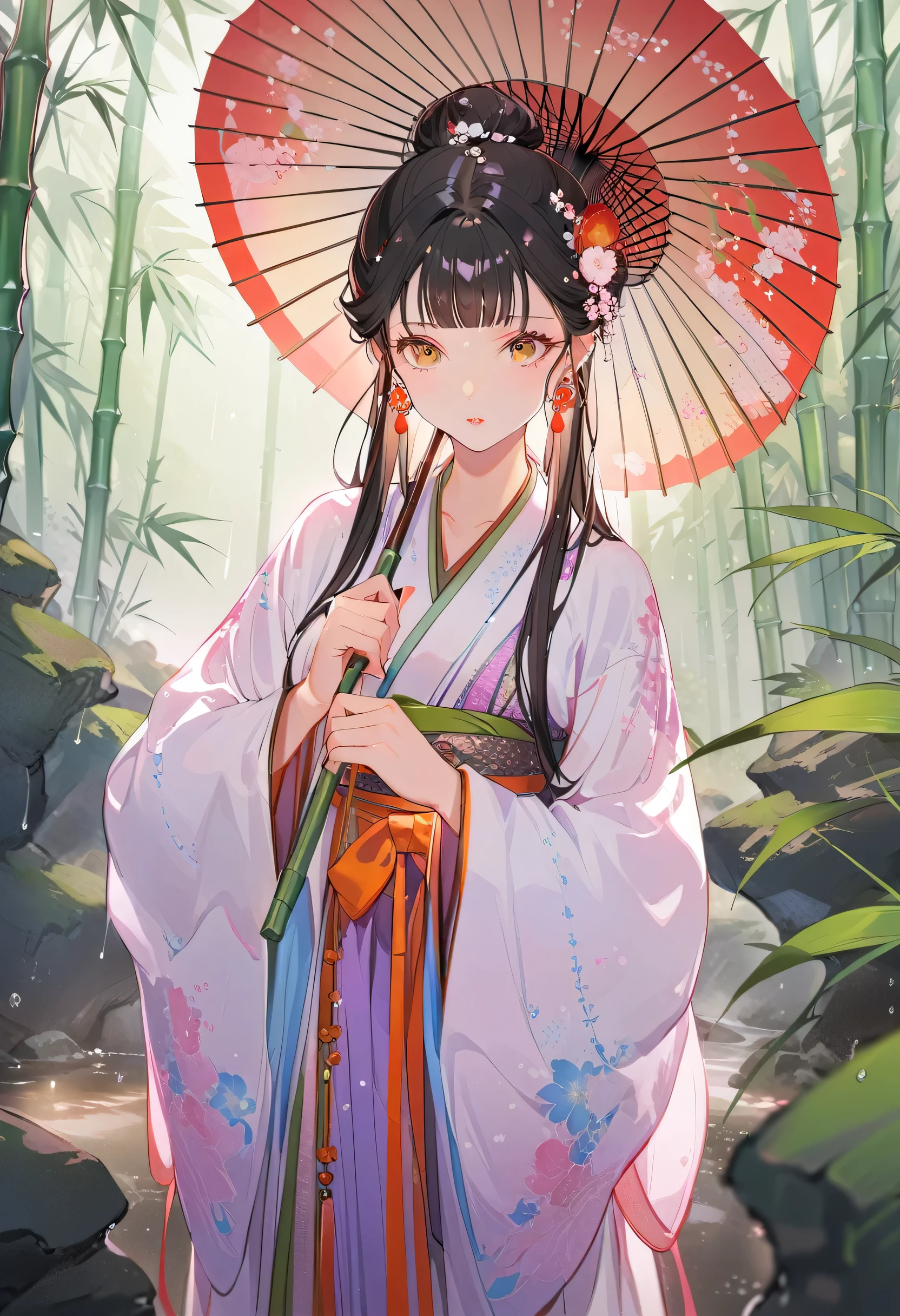 masterpiece, Extremely detailed CG Unity 8K wallpaper, 1 girl, fair, Practical, Vague, Vaguered background, Vaguered foreground, bamboo forest, Depth of Field, earrings, jewelry, nose, Practical, Solitary, Hanfu, Holding an oil-paper umbrella, rain