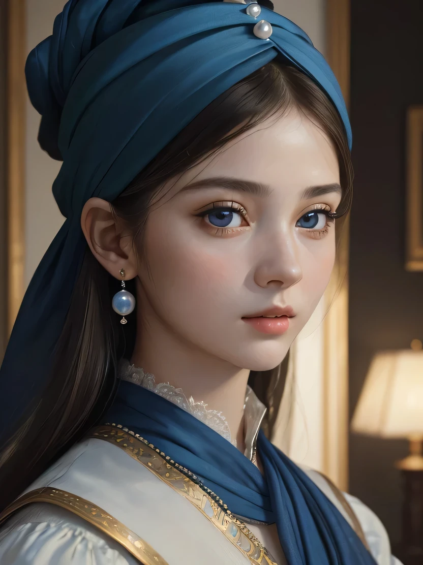 ((Masterpiece, top quality, highly detailed, high resolution, photorealistic, sharp focus, film lighting)), ((single beautiful woman, bust shot, focus from the chest up, face light)), Fell Mer painting, girl with a pearl earring, girl with a blue turban, blue oil painting, Vermeer lighting, works of Johannes Vermeer, style inspired by Vermeer and Caravaggio, beautiful fine eyes, beautiful lips, beautiful Eyes and face, long eyelashes, pearl earrings, high quality artwork, highly detailed oil painting, delicate details of the girl's eyes, looking back towards the viewer, masterpiece