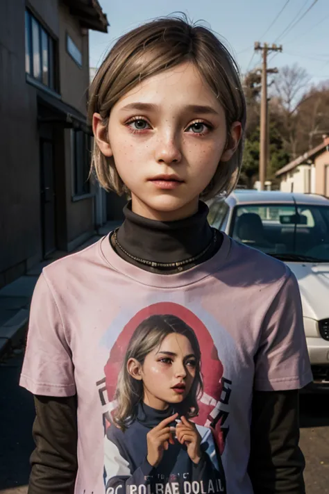 a stunning, intricate full color portrait , 12 year old girl, wearing pink turtleneck or t-shirt, epic character composition, al...