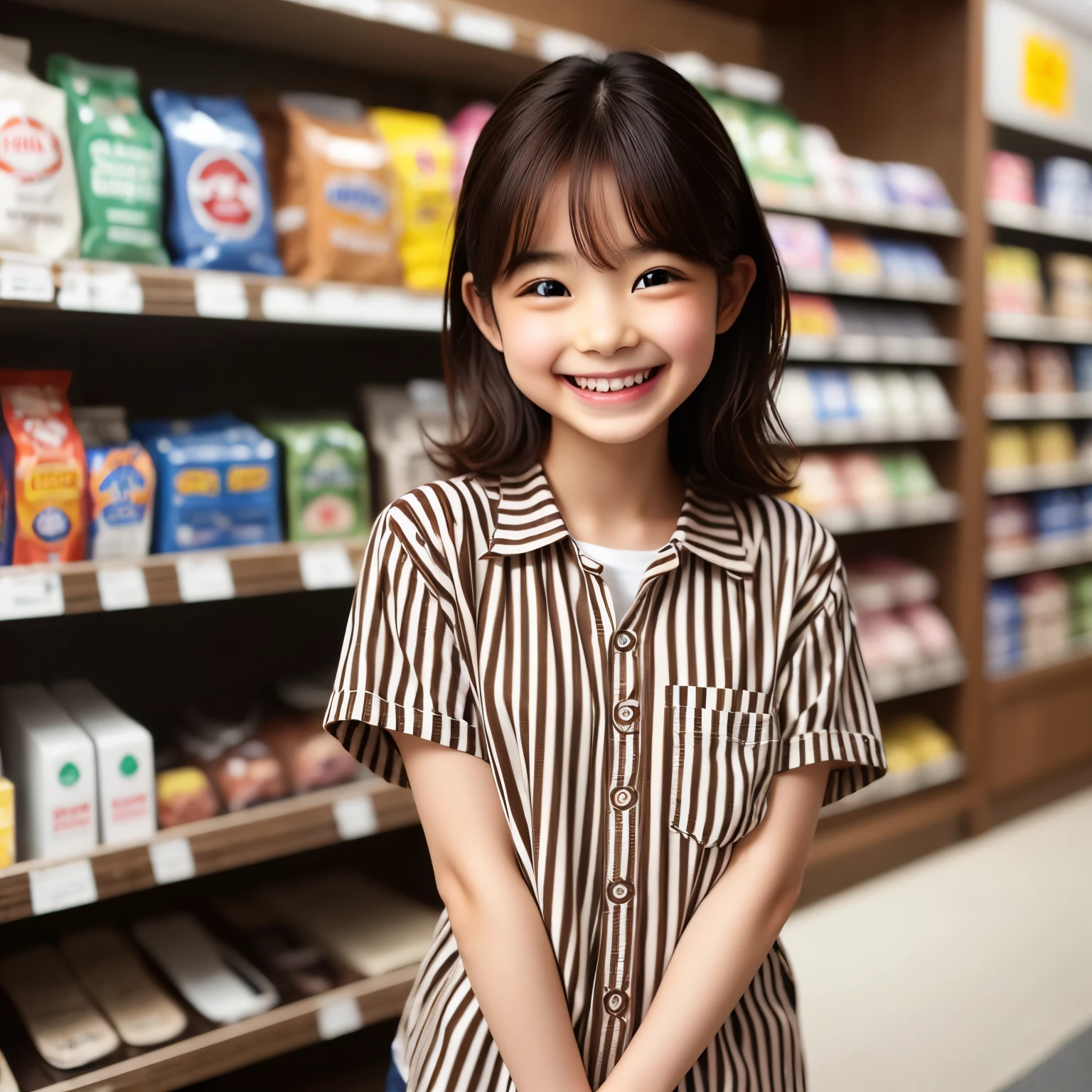 Fine face, cute face, brown eyes, (convenience store: 1.3), convenience store employee uniform, (vertical striped shirt: 1.3), short sleeves, ID card, smile, 16 years old