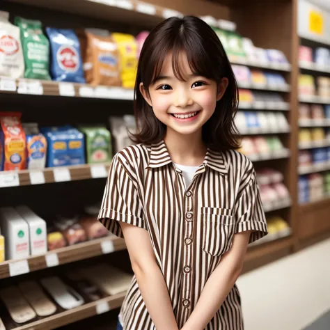 Fine face, cute face, brown eyes, (convenience store: 1.3), convenience store employee uniform, (vertical striped shirt: 1.3), s...