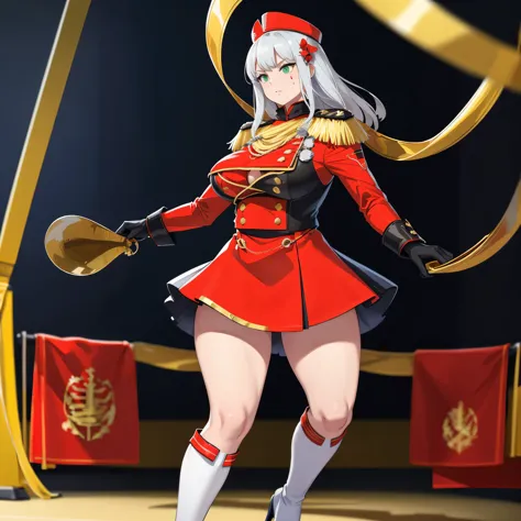 a woman wearing red marching band uniforms with gold details, gold shoulder pads, wearing a red drum major hat with gold details...