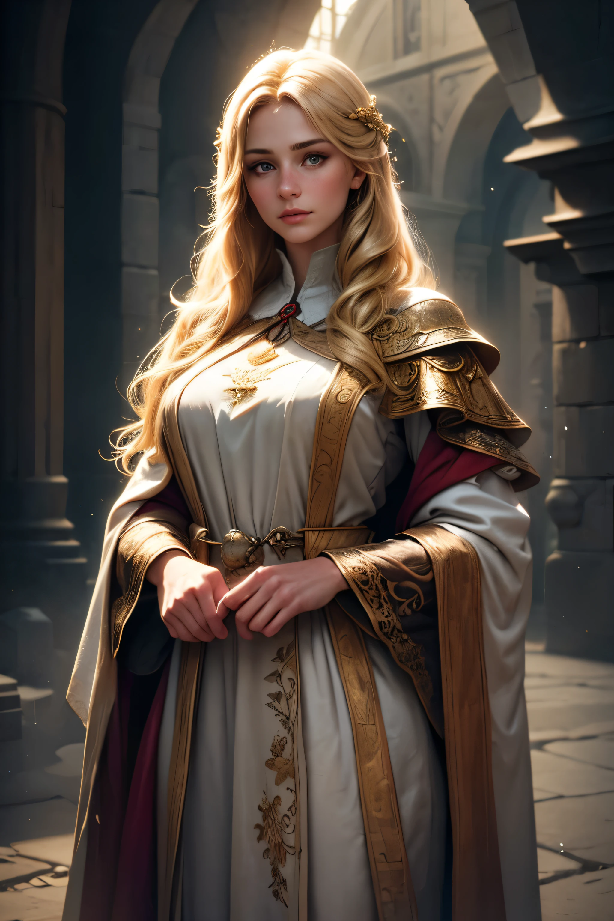 (best qualityer,4K,high resolution,work of art:1.2),ultra detali,(realisitic,photorealisitic,photo-realisitic:1.37),portraite,beautiful detailed eyes,beautiful detailed lips,extremely detailed eye and face, blonde with long hair,dressed as a medieval priestess,standing at full height,soft lighting,freckles,flowing dress,delicate embroidery,mysterious background,ethereal atmosphere,bright coloured