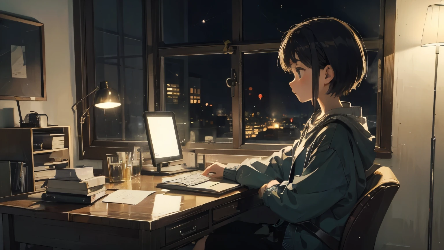 masterpiece,４K,Night Window,Night study room、A 17-year-old girl sits at a desk、short hair、Late Night、Lo-Fi is the mood、Hitting the computer、There&#39;s an old-fashioned TV in the background.、Coffee and candles on the desk、He is signing a piece of paper with a beautiful night scene in the background with books, plants and a cat。