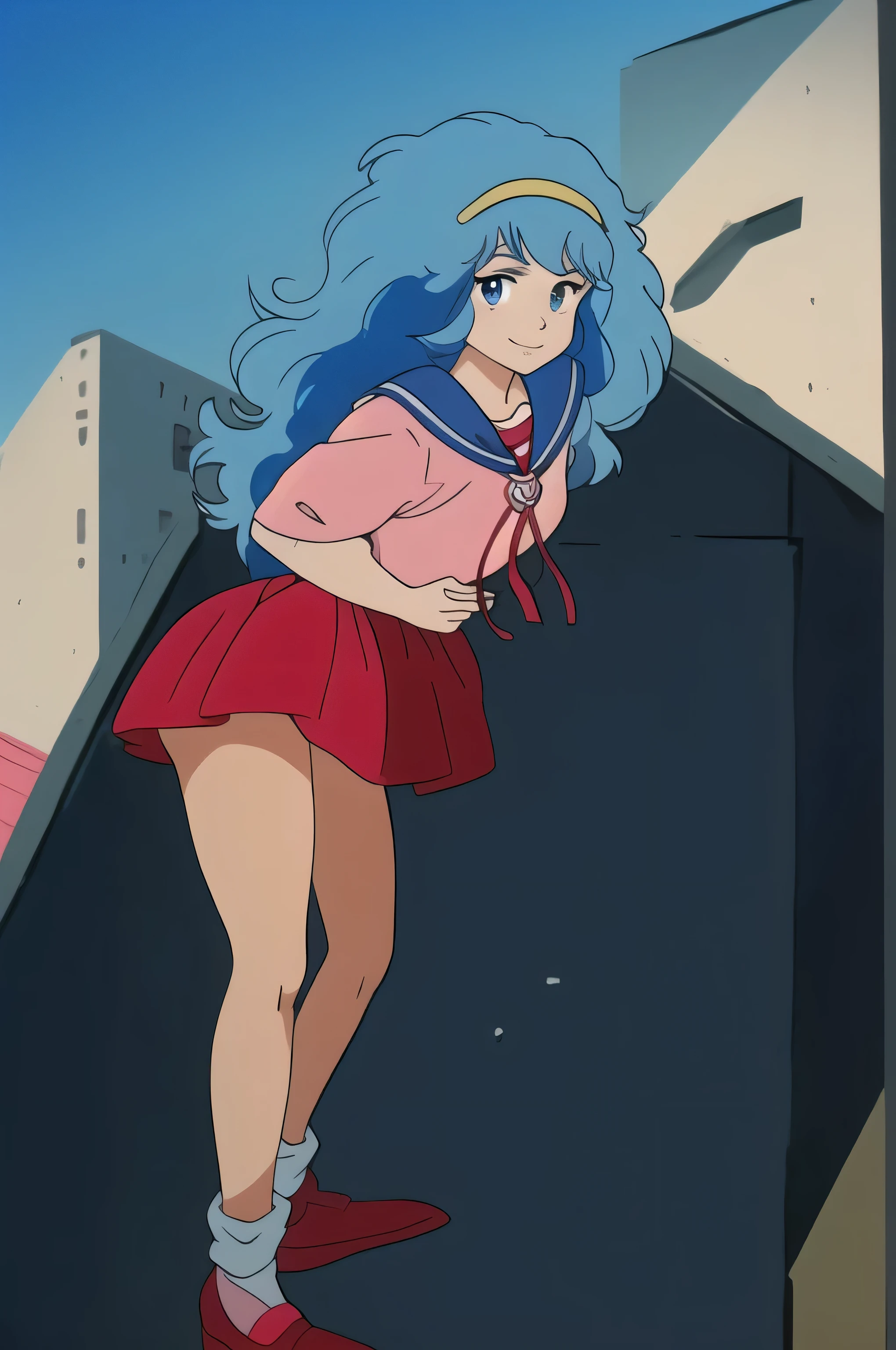 (Masterpiece, Top Quality, Highly Detailed, 16K Anime High Resolution, Anime Style, Clean Brush Strokes, Highly Detailed, Anatomically Perfect Body), ((Hayami)), Solo, Perfect Face, Innocent Beautiful smile, beautifully detailed eyes, slightly droopy, blue eyes, (blue hair, long hair, waves), (medium chest: 1.1), (sailor suit, pink), (red skirt), wide hips: 1.2, big butt : 1.2, Beautiful legs, (standing, front), facing the viewer, (urban background), photo taken above the knees, taken from a low angle,