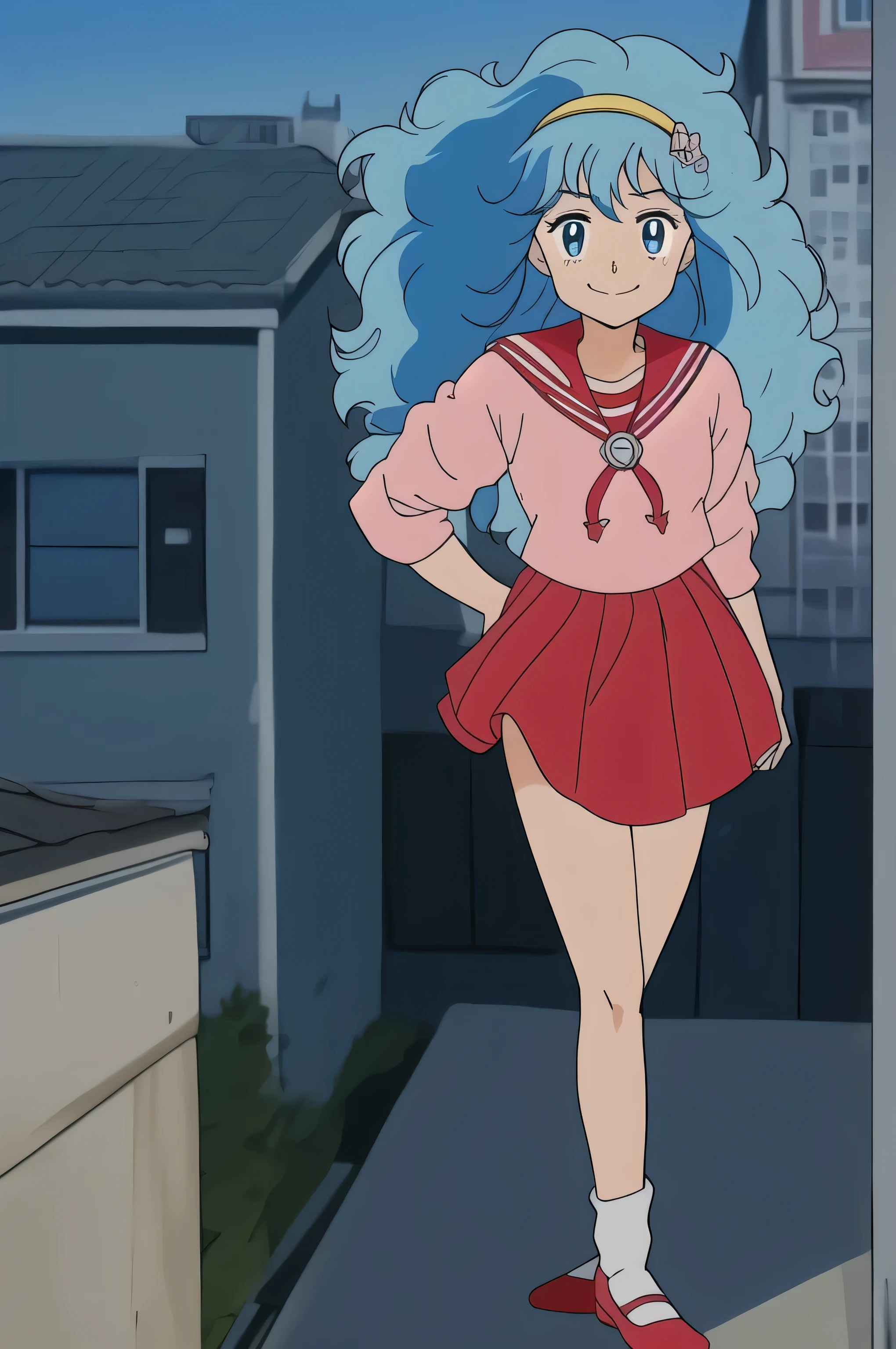 (Masterpiece, Top Quality, Highly Detailed, 16K Anime High Resolution, Anime Style, Clean Brush Strokes, Highly Detailed, Anatomically Perfect Body), ((Hayami)), Solo, Perfect Face, Innocent Beautiful smile, beautifully detailed eyes, slightly droopy, blue eyes, (blue hair, long hair, waves), (medium chest: 1.1), (sailor suit, pink), (red skirt), wide hips: 1.2, big butt : 1.2, Beautiful legs, (standing, front), facing the viewer, (urban background), photo taken above the knees, taken from a low angle,