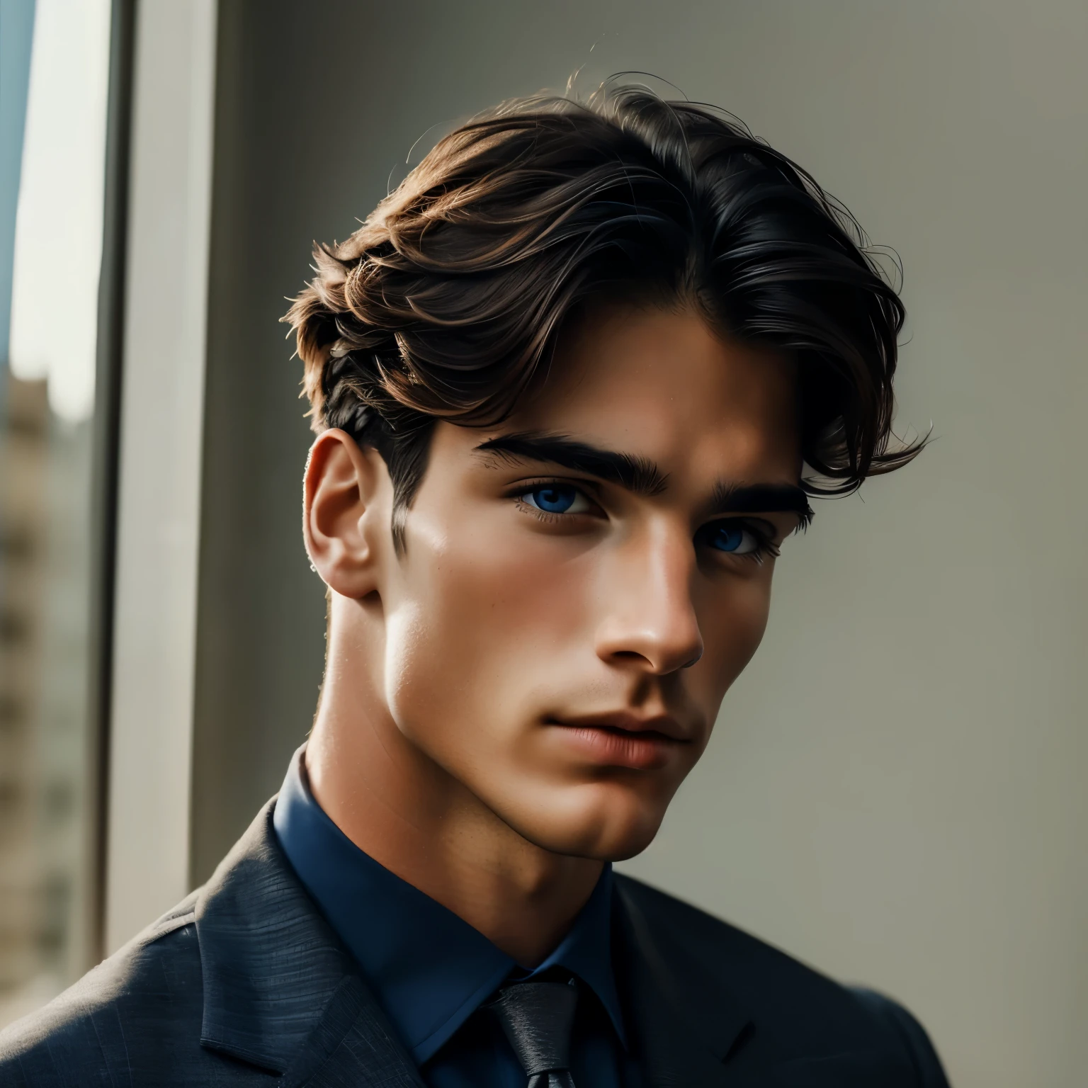  portrait illustration of a serious young man with attractive masculine features, defined jaw, aristocratic nose, blue eyes and short wavy black hair, clear skin and He wears a black office suit
