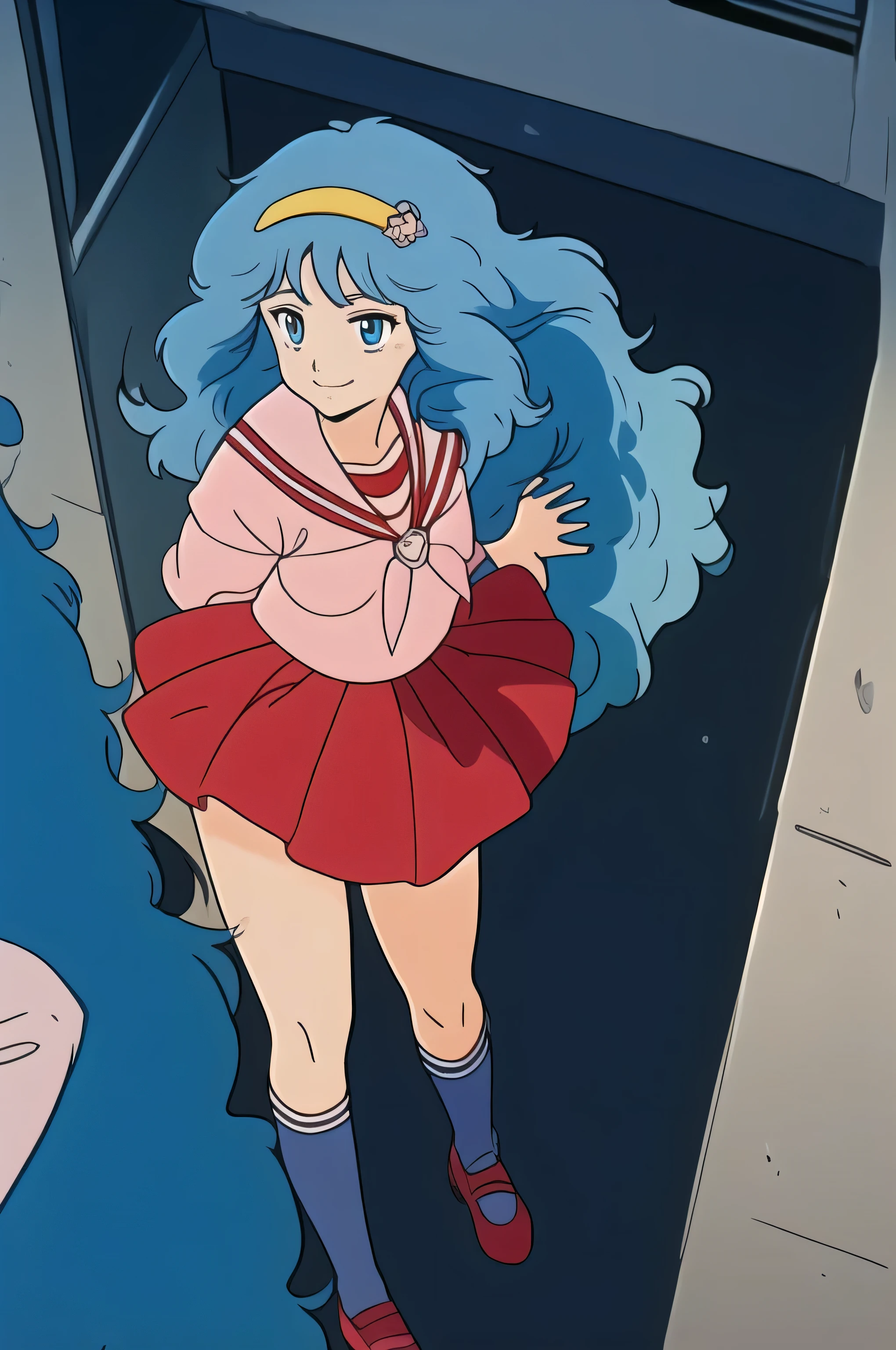 (Masterpiece, Top Quality, Highly Detailed, 16K Anime High Resolution, Anime Style, Clean Brush Strokes, Highly Detailed, Anatomically Perfect Body), ((Hayami)), Solo, Perfect Face, Innocent Beautiful smile, beautifully detailed eyes, slightly droopy, blue eyes, (blue hair, long hair, waves), (medium chest: 1.1), (sailor suit, pink), (red skirt), wide hips: 1.2, big butt : 1.2, Beautiful legs, (standing, front), facing the viewer, (urban background), photo taken above the knees, taken from a low angle,