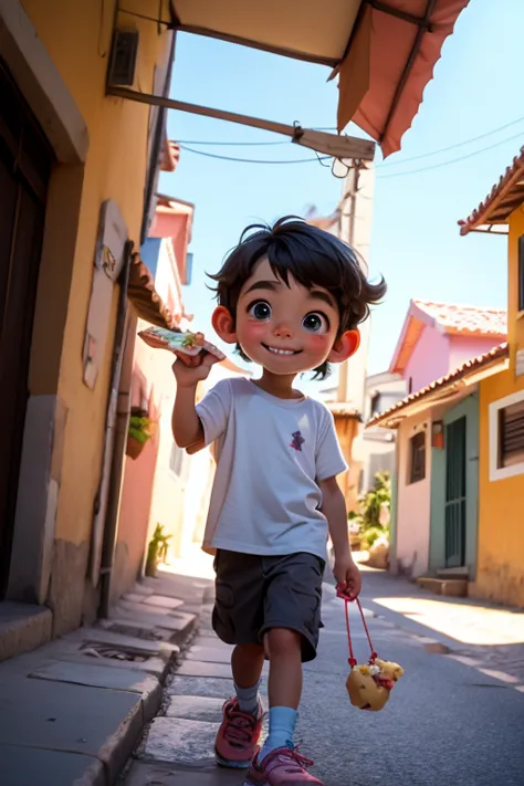 menino,sozinho, sorrindo, with treats in hand,rua bonita, dia, imagem roxa cinza e branco