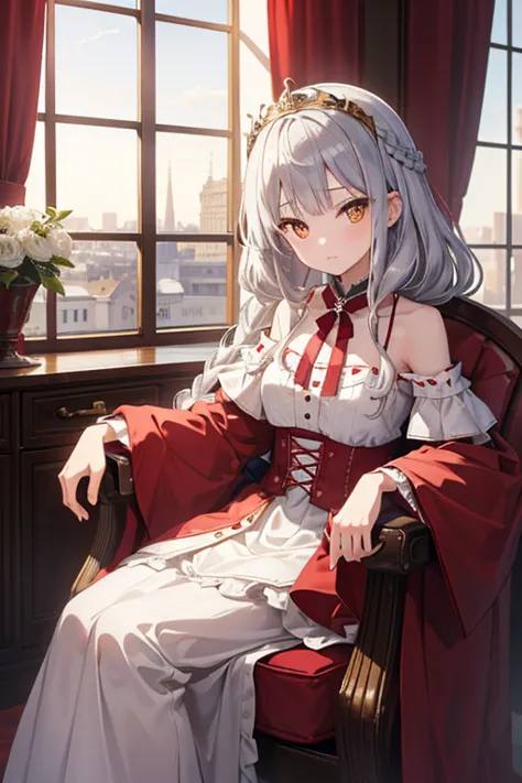 masterpiece, highest quality, High resolution, 14-year-old girl、Golden Eyes、
Silver Hair,  Braiding、Crimson classic dress, Shoul...