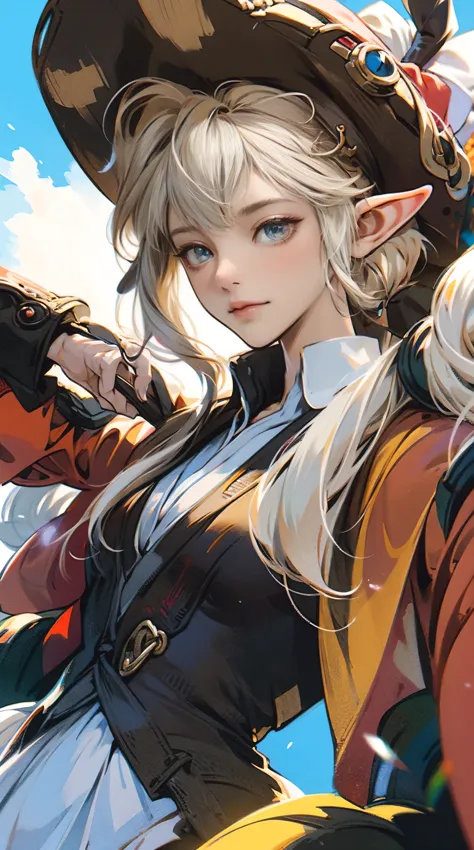 Maria, a beautiful Extremely cute elf race face, 1girl, insanely detailed face and eyes, Perfect lips, pirate captain, Sunshine,...